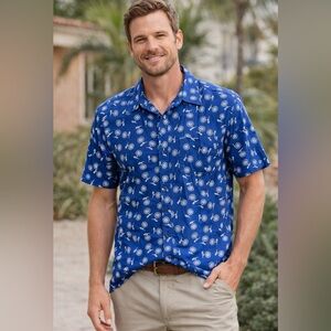 Toad & Co Blue Print Short Sleeve Button Down Shirt Men’s Large Casual Outdoor
